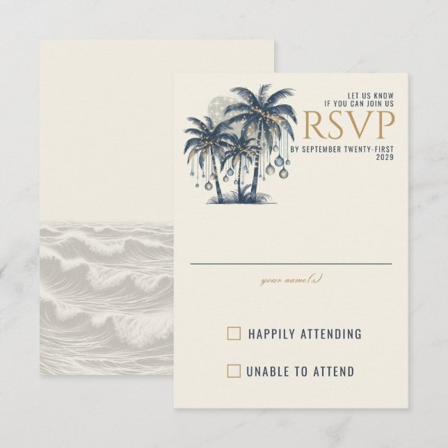 Dreamy Blue Palm Trees Wedding RSVP Karte (Vorne/Hinten)