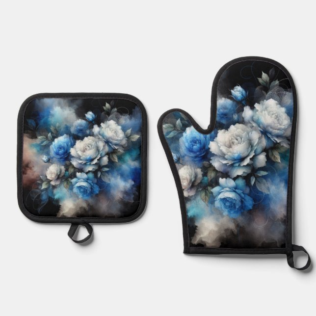 Dreamy Blue und White Roses Ofenhandschuh & Topflappen-Set (Vorderseite)