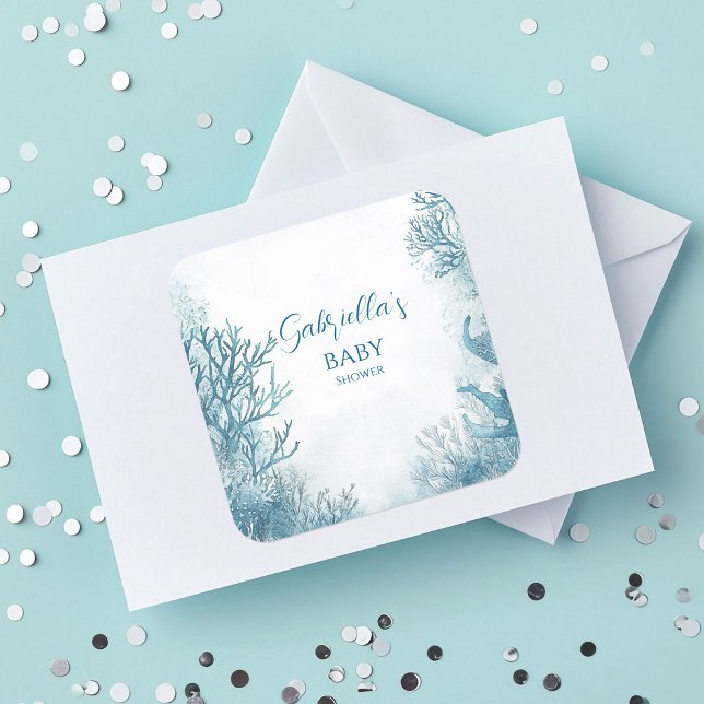 Dreamy Blue Under Sea Baby Shower Quadratischer Aufkleber (Von Creator hochgeladen)