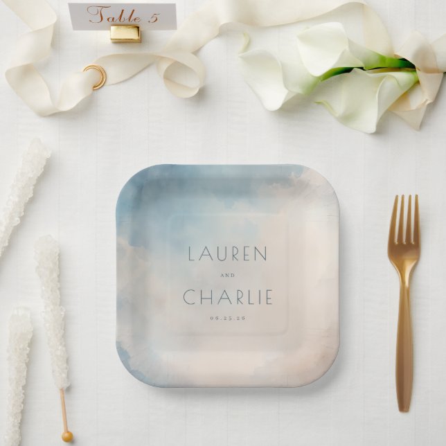 Dreamy Blue Watercolor Clouds Pappteller (Hochzeit)