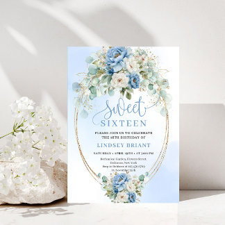 Dreamy Bohemian Dusty Blue Floral Sweet 16 Invite Einladung