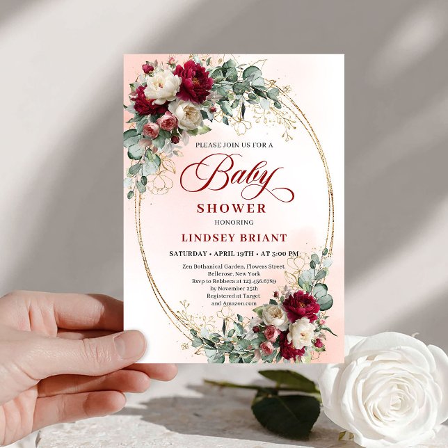 Dreamy Bohemian Maroon Floral Baby Shower Einladung (Dreamy Bohemian Maroon Floral Baby Shower)