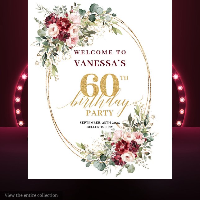 Dreamy Boho Burgundy Floral Gold 60th Birthday  Wandteppich (Dreamy Boho Burgundy Floral Gold 60th Birthday Backdrop)