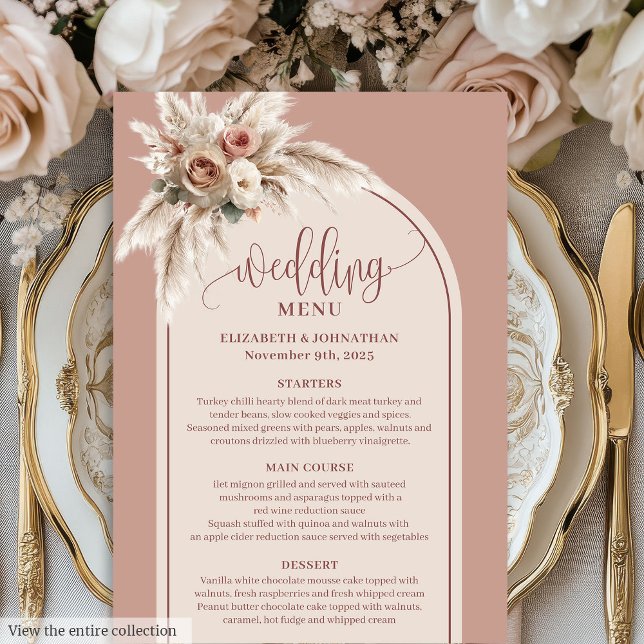Dreamy Boho Dusty Rose Pampas Floral Wedding Menu Menükarte (Dreamy Boho Dusty Rose Pampas Floral Wedding Menu)
