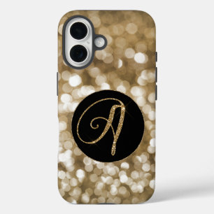 Dreamy Bokeh Gold Glitzer Letter A Monogram Black iPhone 16 Hülle