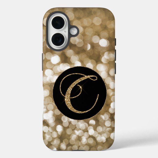 Dreamy Bokeh Gold Glitzer Letter C Monogram Black iPhone 16 Hülle (Rückseite)