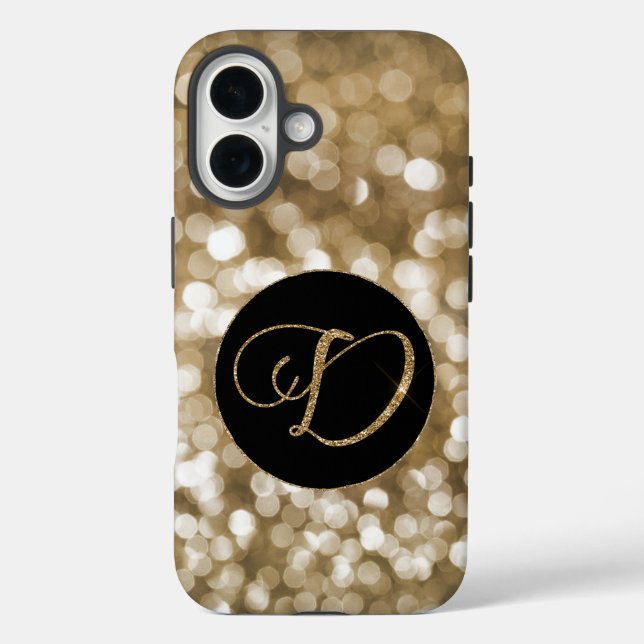 Dreamy Bokeh Gold Glitzer Letter D Monogram Black iPhone 16 Hülle (Rückseite)