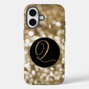 Dreamy Bokeh Gold Glitzer Letter Q Monogram Black iPhone 16 Hülle