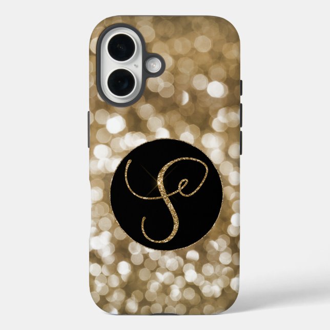 Dreamy Bokeh Gold Glitzer Letter S Monogram Black iPhone 16 Hülle (Rückseite)