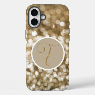 Dreamy Bokeh Gold Glitzer Letter T White Cream iPhone 16 Plus Hülle