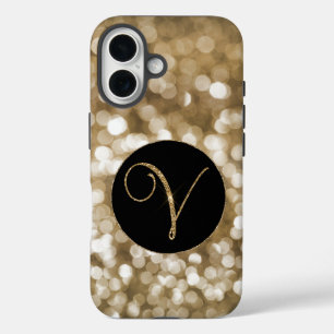 Dreamy Bokeh Gold Glitzer Letter V Monogram Black iPhone 16 Hülle