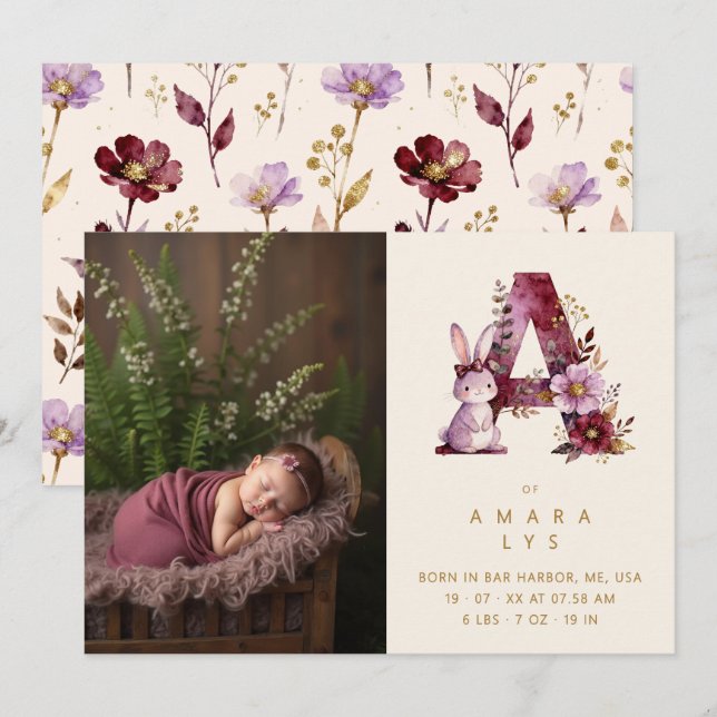 Dreamy Bunny A Initial Gold Glitter Newborn Ankündigung (Vorne/Hinten)