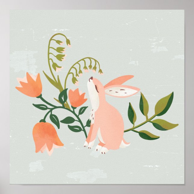 "Dreamy Bunny" Niedliche Pink Rabbit Blumenkunst Poster (Vorne)