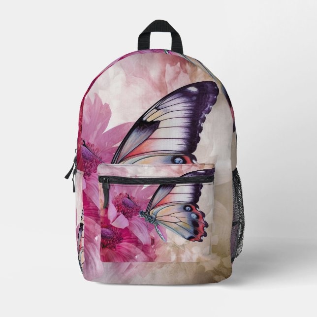 Dreamy Butterfly mit rosafarbenen Blume Bedruckter Rucksack (Vorderseite)