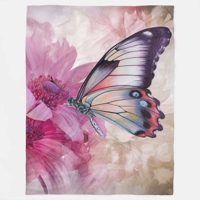 Dreamy Butterfly mit rosafarbenen Blume Fleecedecke (Vorderseite)