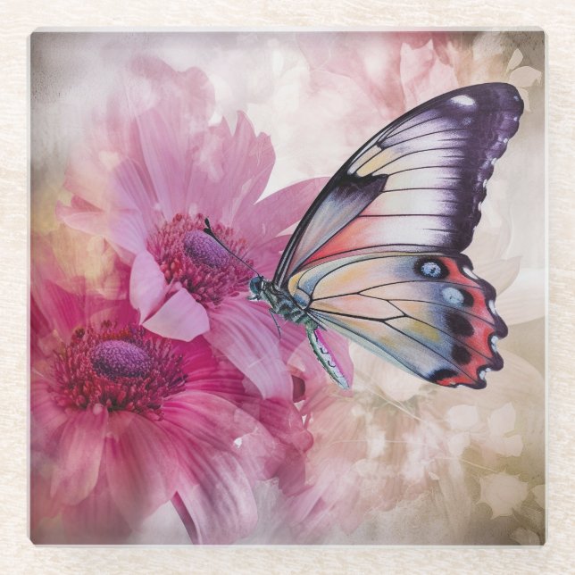 Dreamy Butterfly mit rosafarbenen Blume Glasuntersetzer (Vorderseite)