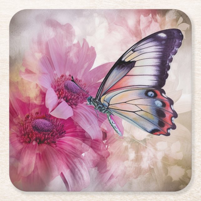 Dreamy Butterfly mit rosafarbenen Blume Rechteckiger Pappuntersetzer (Vorderseite)