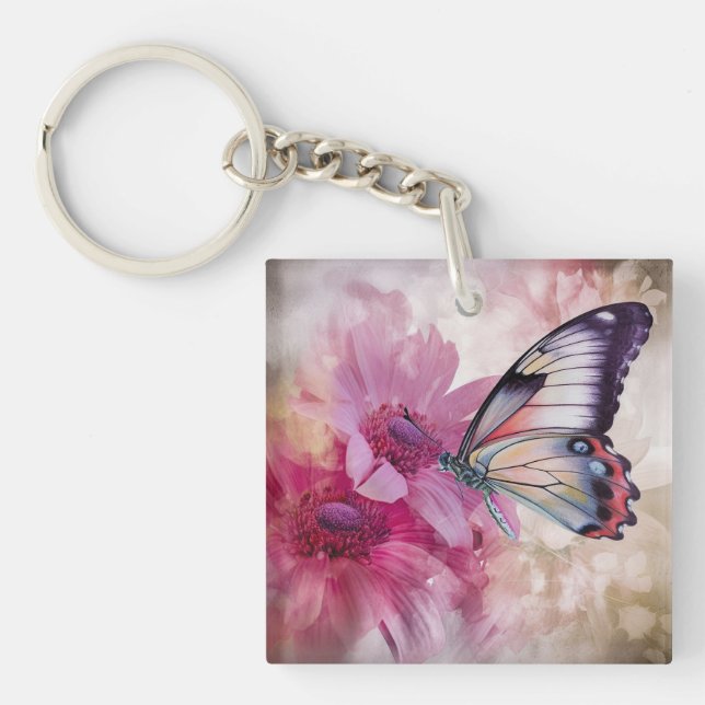 Dreamy Butterfly mit rosafarbenen Blume Schlüsselanhänger (Vorderseite)