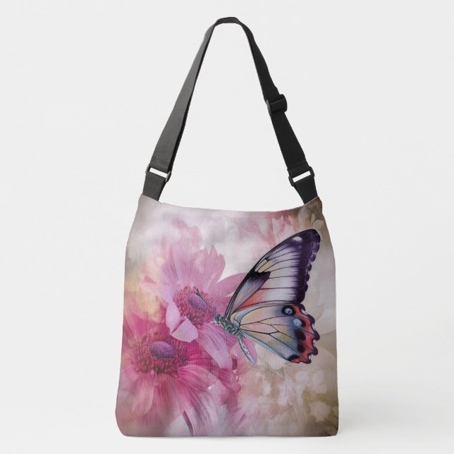 Dreamy Butterfly mit rosafarbenen Blume Tragetaschen Mit Langen Trägern (Vorderseite)