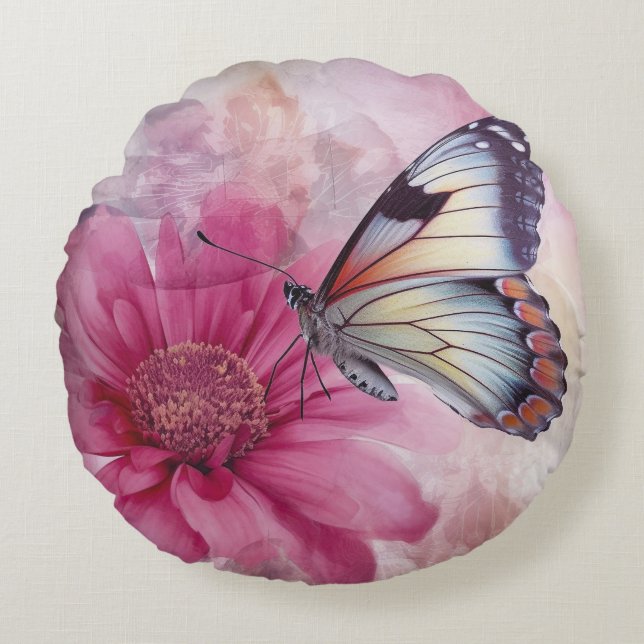 Dreamy Butterfly über die Leinwand der Blumen Rundes Kissen (Vorderseite)