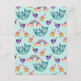 Dreamy Cat Floating in the Sky Watercolor Pattern Postkarte