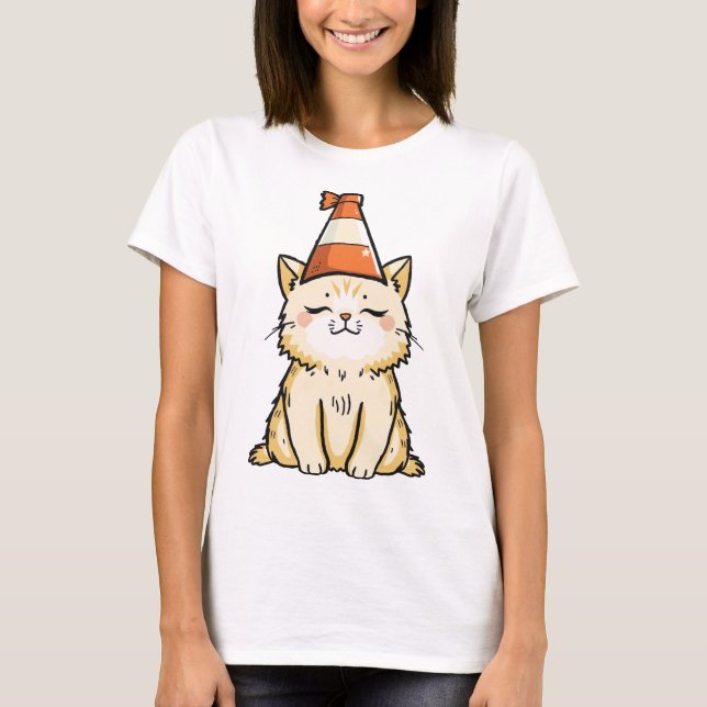 Dreamy Cat mit Traffic Cone Hat T-Shirt (Vorderseite)