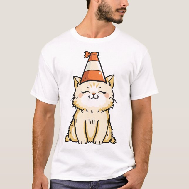 Dreamy Cat mit Traffic Cone Hat T-Shirt (Vorderseite)