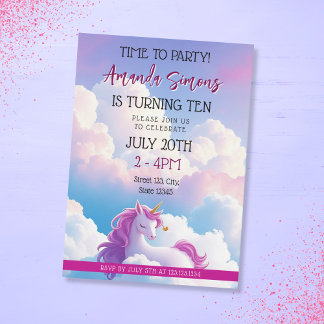 Dreamy Cloud Magical Unicorn Girl 10th Birthday Einladung