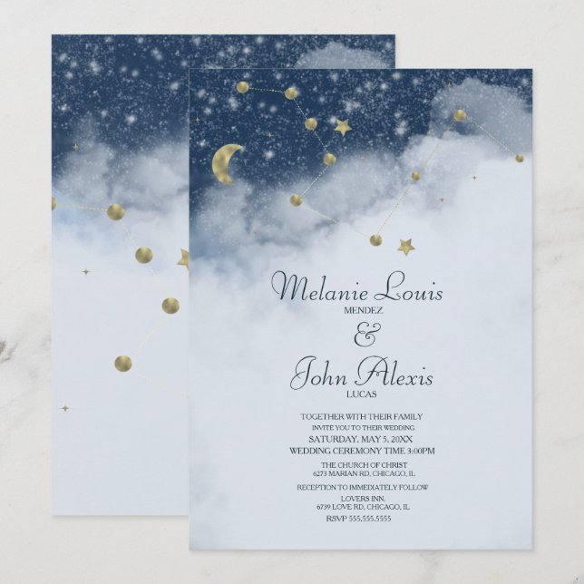 Dreamy Clouds Constellation Gold Foil Wedding Einladung (Vorne/Hinten)
