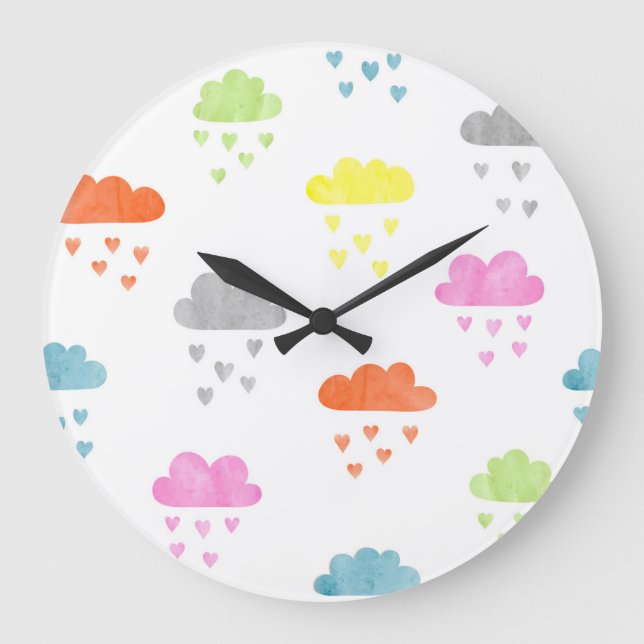 Dreamy Clouds: Wasserfarbener Herzrain Große Wanduhr (Vorderseite)