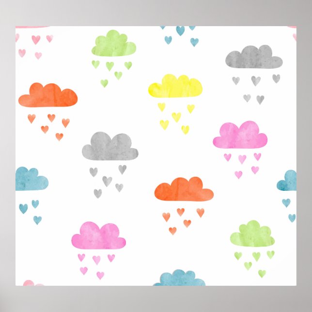 Dreamy Clouds: Wasserfarbener Herzrain Poster (Vorne)