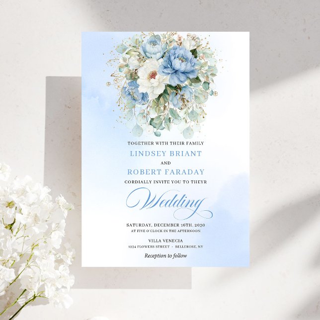Dreamy Dusty Blue Peony Gold Floral Wedding Einladung (Dreamy Dusty Blue Peony Gold Floral Wedding)