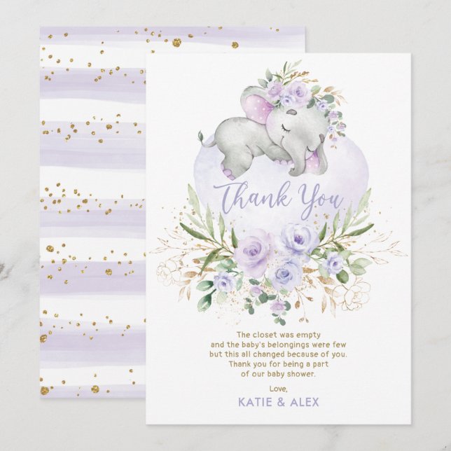Dreamy Elephant Lila Gold Floral Baby Dusche als Dankeskarte (Vorne/Hinten)