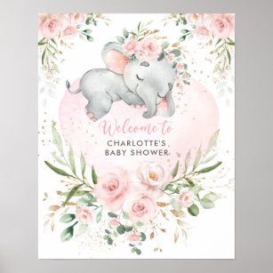 Dreamy Elephant Pink Blush Floral Baby Willkommen Poster