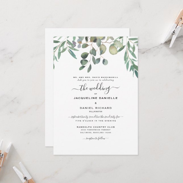Dreamy Eucalyptus Foliage Einfach moderne Hochzeit Einladung (Vorderseite/Rückseite Beispiel)