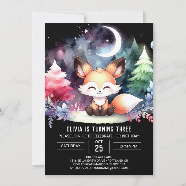 Dreamy Fantasy Fox Geburtstag Einladung (Vorderseite)