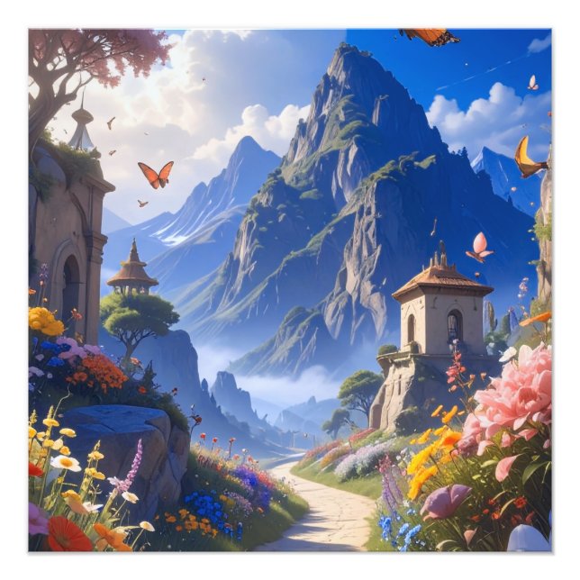 Dreamy Fantasy Landscape Tapestry – Mountains & Bl Fotodruck (Vorne)