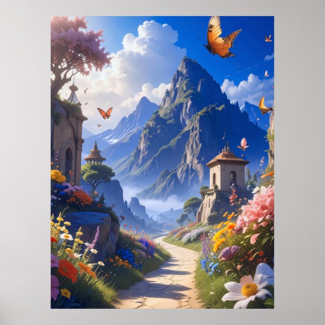 Dreamy Fantasy Landscape Tapestry – Mountains & Bl Poster (Vorne)