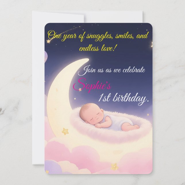 Dreamy First Birthday Moon & Stars Einladung (Rückseite)