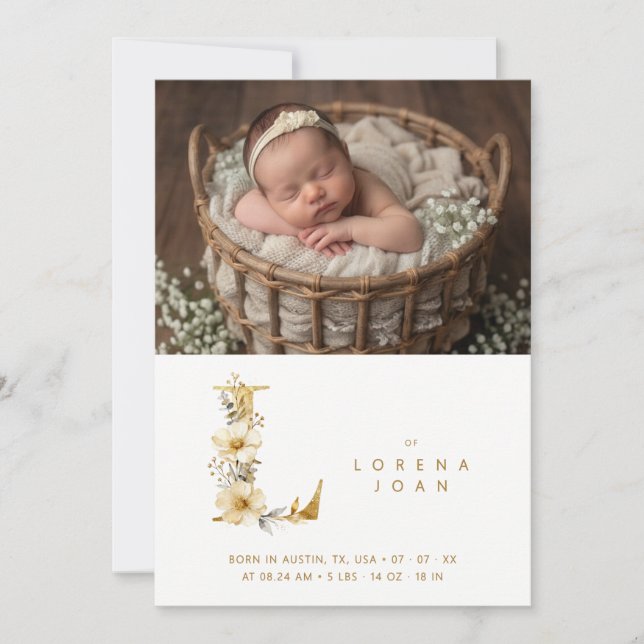 Dreamy Floral E Initial Gold Glitter Newborn Ankündigung (Vorderseite)
