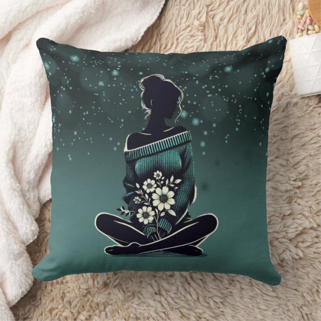 Dreamy Floral Silhouette mit Aquamarinem Bokeh Kissen (Decke)