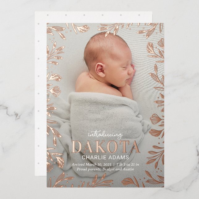 Dreamy Foliage Foil Modern Baby Birth Ankündigung (Vorderseite/Rückseite)