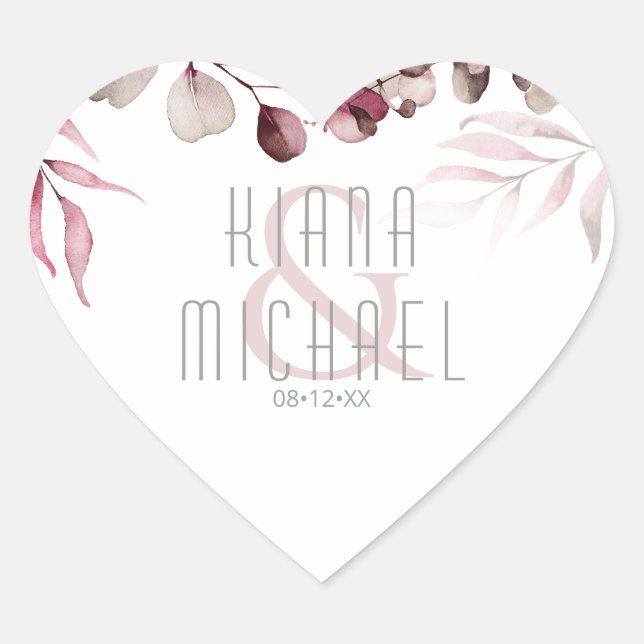 Dreamy Foliage Wedding Burgundy ID817 Herz-Aufkleber (Vorderseite)
