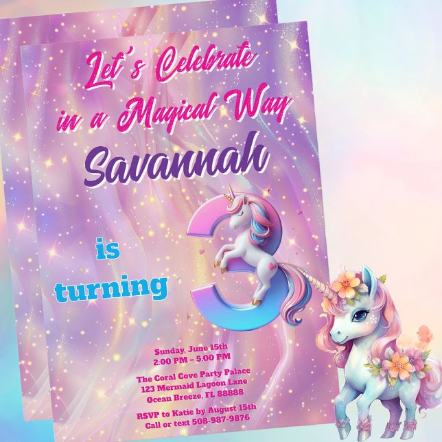 Dreamy Galaxy Unicorn 3ème anniversaire Invitation (Magical Unicorn Birthday Party Invitation)