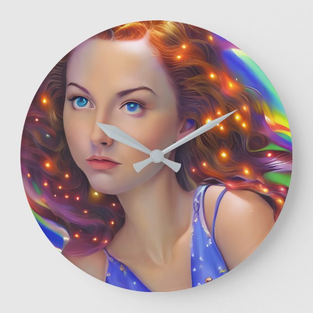 Dreamy Girl mit Rainbow Lights Große Wanduhr (Vorderseite)