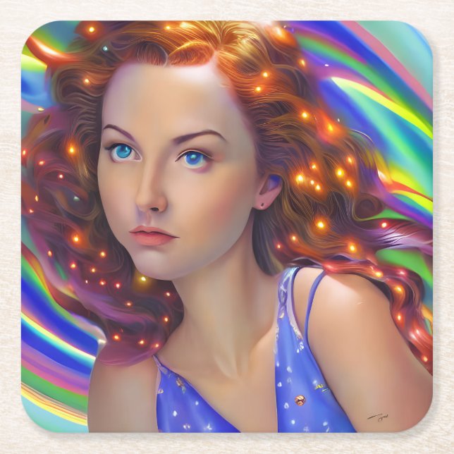 Dreamy Girl mit Rainbow Lights Rechteckiger Pappuntersetzer (Vorderseite)