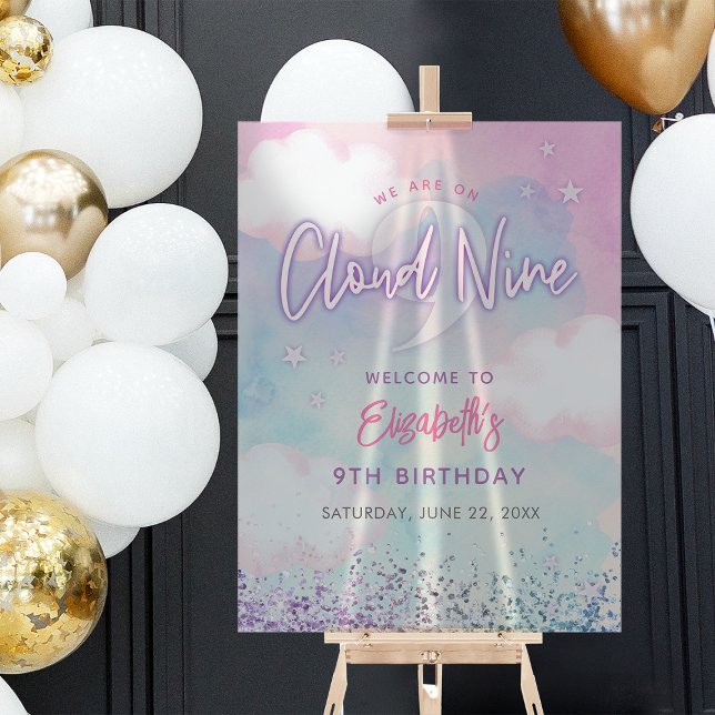 Dreamy Girl On Cloud Neuf 9e anniversaire Bienvenu (Dreamy Girly On Cloud Nine 9th Birthday Welcome Acrylic Sign)