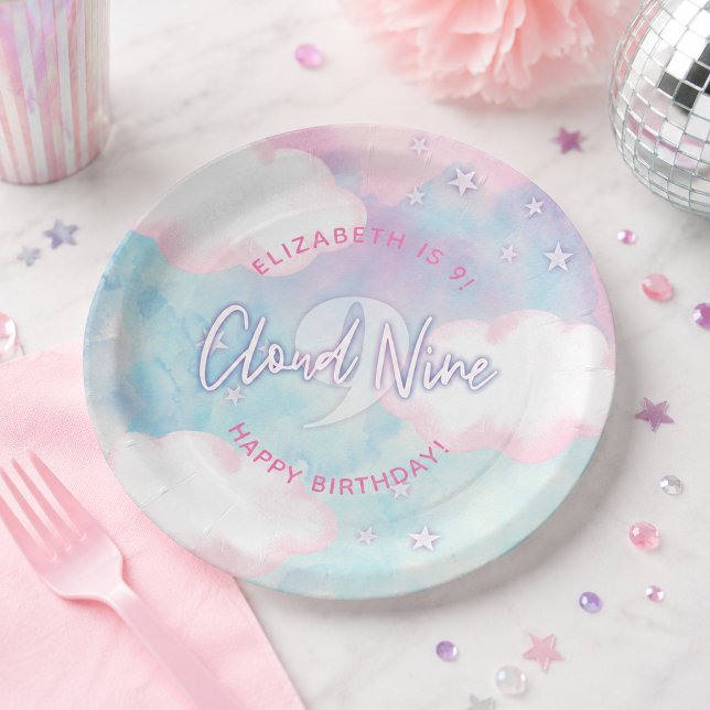 Dreamy Girly on Cloud 9. Geburtstag Pappteller (Dreamy Girly On Cloud Nine 9th Birthday Paper Plates)