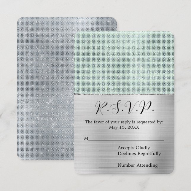 Dreamy Glitzy Mint Argent Sparkle Wedding RSVP (Devant / Derrière)