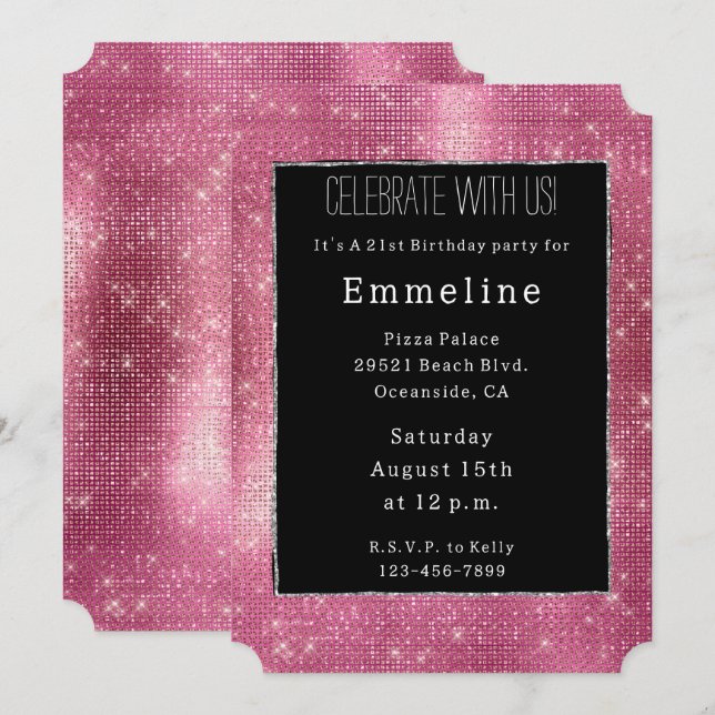 Dreamy Glitzy Pink Black Silver Sparkle Einladung (Vorne/Hinten)